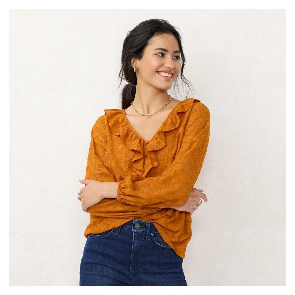 NWT Lc Lauren Conrad Ruffled Peasant Blouse WL23W019RS1 M Copper Falls Orange - Picture 1 of 5